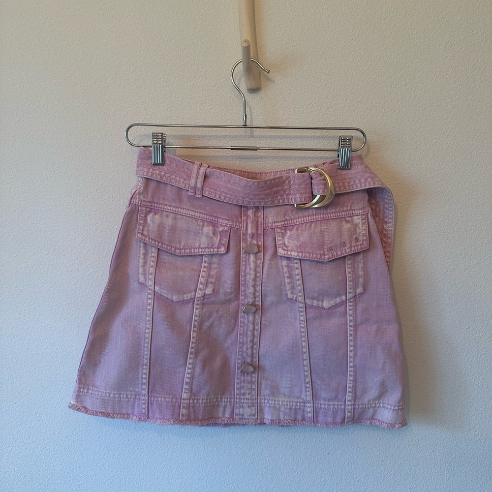 Aje Denim Pink Skirt with gold buckle detail and shell buttons